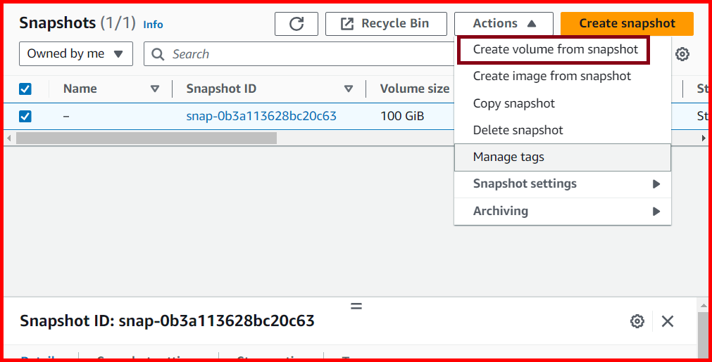 Picture showing the Create volume from snapshot option for creating the volume from snapshot